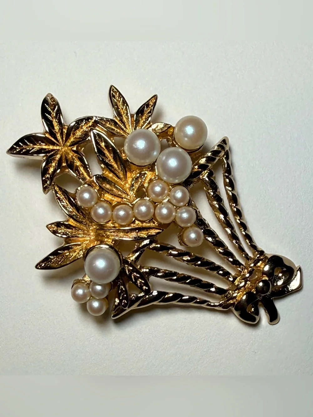 Vintage CHRISTIAN DIOR Gold Plated Floral Basket with Faux Pearl Blossom Brooch